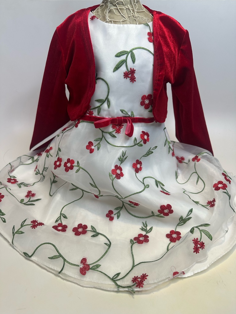 Youngland Red And White Floral Organza Dress With Velvet Bolero